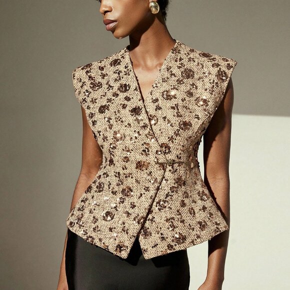 Khaki Women's Elegant Tweed Vest with bronze Sequin Embroidery Design - Picture 7 of 7